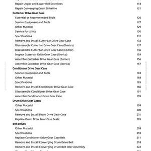 Pu&ograve; includere: Una pagina stampata da greenfarmmanuals.com con un sommario dettagliato. Il testo elenca varie procedure per le attrezzature agricole, tra cui la manutenzione di trasmissione, scatola ingranaggi e trasmissione a cinghia, con i relativi numeri di pagina.