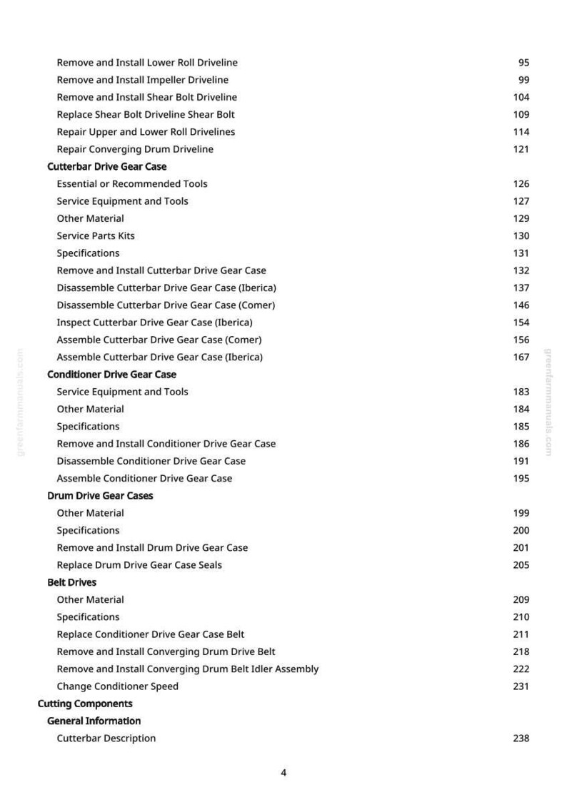 Pu&ograve; includere: Una pagina stampata da greenfarmmanuals.com con un sommario dettagliato. Il testo elenca varie procedure per le attrezzature agricole, tra cui la manutenzione di trasmissione, scatola ingranaggi e trasmissione a cinghia, con i relativi numeri di pagina.