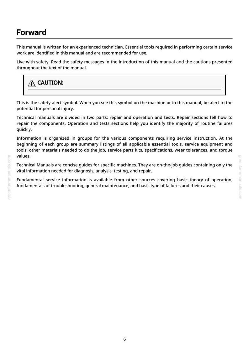 May include: A page from a technical manual with the word "Forward" at the top. The text includes safety warnings and instructions for technicians. A "CAUTION" symbol is present, along with details on manual organization and service information.