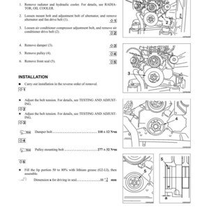 Puede incluir: Diagrama de instrucciones de desmontaje y montaje del ret&eacute;n del motor delantero. El documento incluye pasos numerados para la extracci&oacute;n e instalaci&oacute;n, con ilustraciones y medidas en mil&iacute;metros.