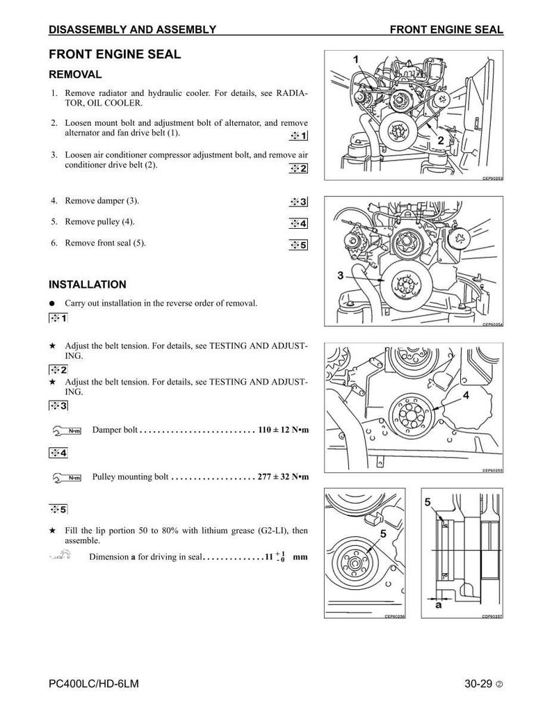 Puede incluir: Diagrama de instrucciones de desmontaje y montaje del ret&eacute;n del motor delantero. El documento incluye pasos numerados para la extracci&oacute;n e instalaci&oacute;n, con ilustraciones y medidas en mil&iacute;metros.