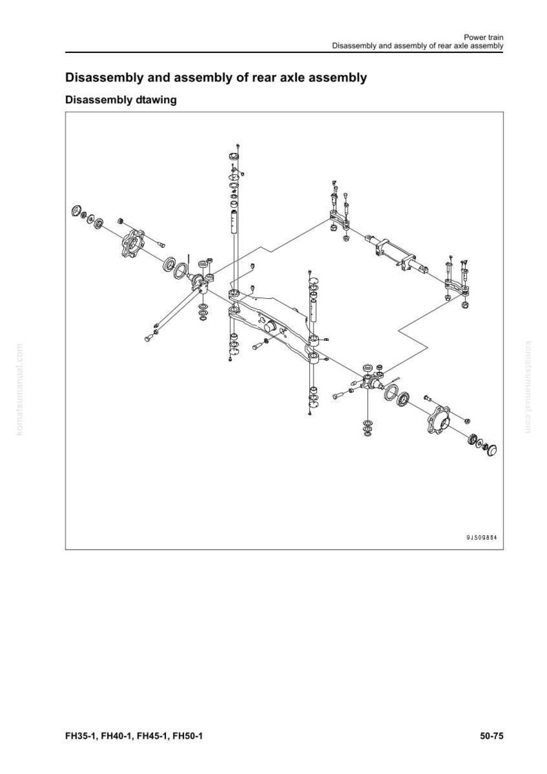 May include: Diagram of the disassembly and assembly of a rear axle assembly. The image is a technical drawing with various mechanical components, including bolts, bearings, and suspension parts, arranged in an exploded view. Text includes "Disassembly and assembly of rear axle assembly" and "Disassembly drawing."