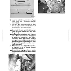 May include: Diagrams and instructions for removing and installing a fan belt, including tool A18 and A19. The image shows close-ups of engine components, with labels for parts like the tensioner assembly and fan belt. The text provides step-by-step guidance for the procedure.