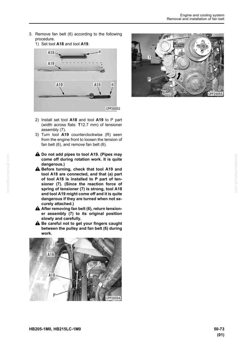 May include: Diagrams and instructions for removing and installing a fan belt, including tool A18 and A19. The image shows close-ups of engine components, with labels for parts like the tensioner assembly and fan belt. The text provides step-by-step guidance for the procedure.