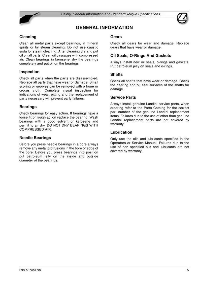 May include: A page from a manual with the title "General Information" and sections on cleaning, inspection, bearings, and needle bearings. The text provides instructions for maintaining mechanical parts.