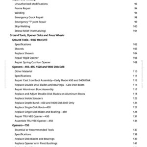 K&ouml;nnte beinhalten: Eine Seite aus einem Handbuch mit Inhaltsverzeichnis. Die Themen umfassen Schwei&szlig;en, Reparatur und Bodenger&auml;te. Seitenzahlen sind auf der rechten Seite aufgef&uuml;hrt.