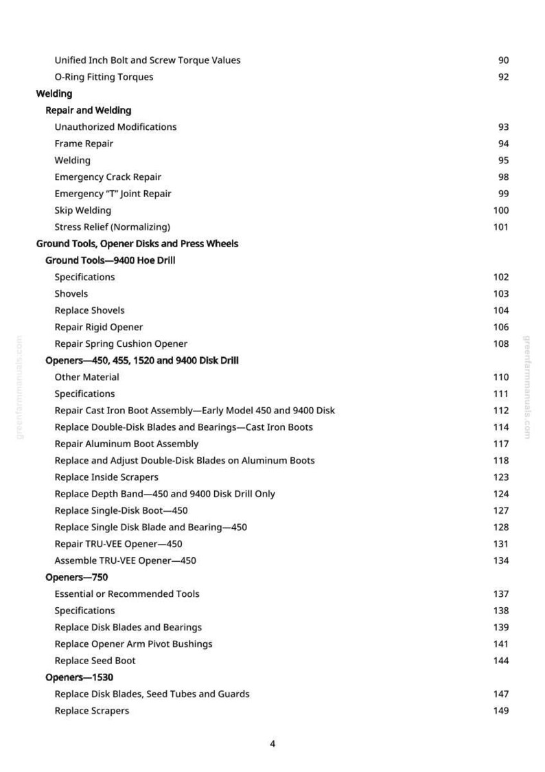 K&ouml;nnte beinhalten: Eine Seite aus einem Handbuch mit Inhaltsverzeichnis. Die Themen umfassen Schwei&szlig;en, Reparatur und Bodenger&auml;te. Seitenzahlen sind auf der rechten Seite aufgef&uuml;hrt.