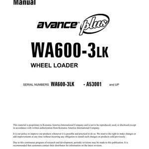 May include: A white and black shop manual cover. The text includes "Shop Manual", "avance plus", "WA600-3LK WHEEL LOADER", and serial numbers. The document is from August 2002, published by Komatsu DataKom Publishing Division.