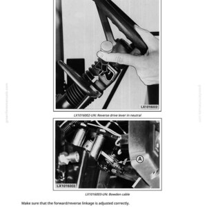 May include: Diagram illustrating the adjustment of a reverse drive lever. The image shows close-ups of mechanical components, including a lever and Bowden cable, with labels and instructions for proper adjustment.