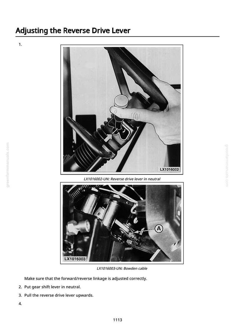 May include: Diagram illustrating the adjustment of a reverse drive lever. The image shows close-ups of mechanical components, including a lever and Bowden cable, with labels and instructions for proper adjustment.