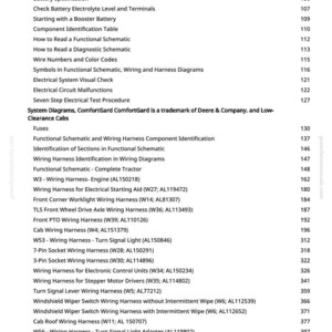 May include: A page from a manual with a table of contents, listing topics like "Battery Operation" and "Wiring Harness" with corresponding page numbers. The text is in black font on a white background.