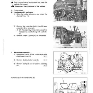 May include: A technical manual page detailing the removal and installation of a cylinder head assembly. The page includes diagrams of engine components, numbered steps, and safety warnings. The text includes instructions for removing parts like the air cleaner assembly and hood assembly.
