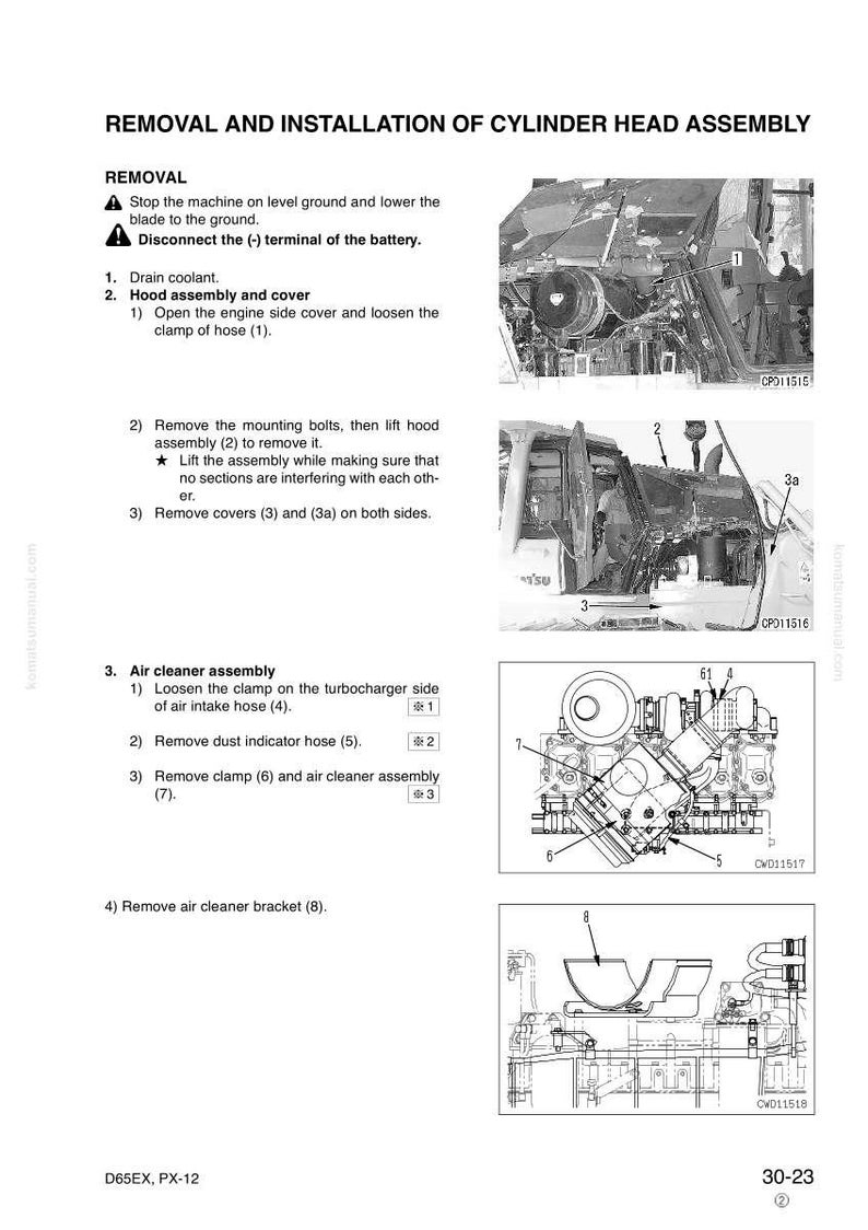 May include: A technical manual page detailing the removal and installation of a cylinder head assembly. The page includes diagrams of engine components, numbered steps, and safety warnings. The text includes instructions for removing parts like the air cleaner assembly and hood assembly.