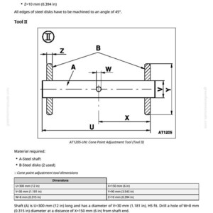 May include: Diagram of a cone point adjustment tool, labeled Tool II, with dimensions in inches and millimeters. The diagram includes a steel shaft (12 in long) and steel disks (3.543 in diameter). Text details material requirements and dimensions.