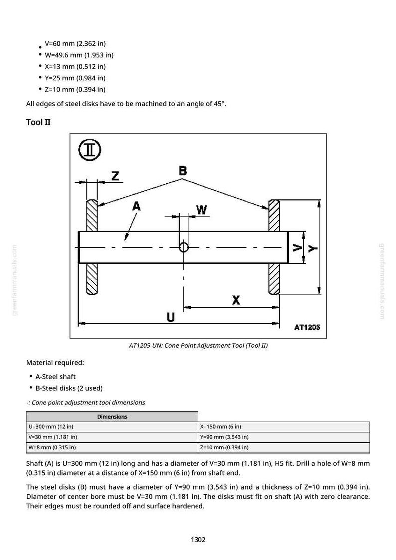 May include: Diagram of a cone point adjustment tool, labeled Tool II, with dimensions in inches and millimeters. The diagram includes a steel shaft (12 in long) and steel disks (3.543 in diameter). Text details material requirements and dimensions.