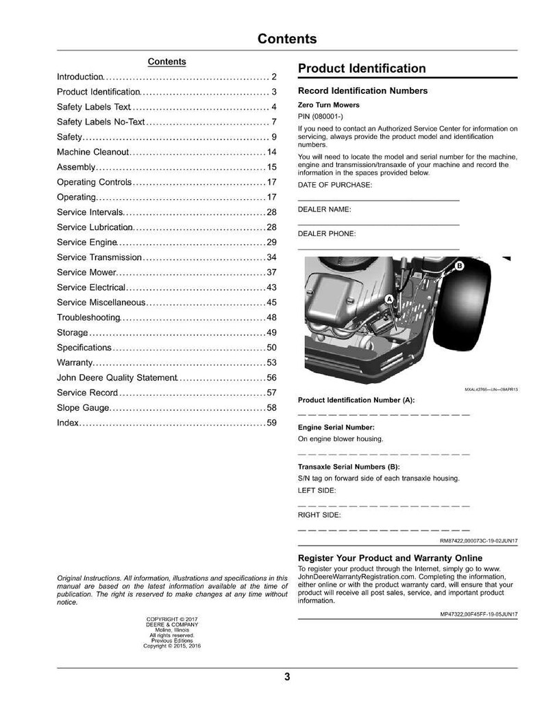 May include: A manual page from John Deere, detailing "Contents" and "Product Identification." Sections cover safety, service, and warranty. The page features a diagram of a zero-turn mower and spaces to record product details, with measurements in cm.