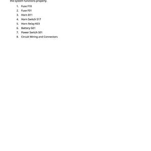 May include: A white page with the word "Horn" at the top, followed by a list of items to check for proper system function. The list includes fuses, a horn, switches, a relay, a battery, a power switch, and circuit wiring.