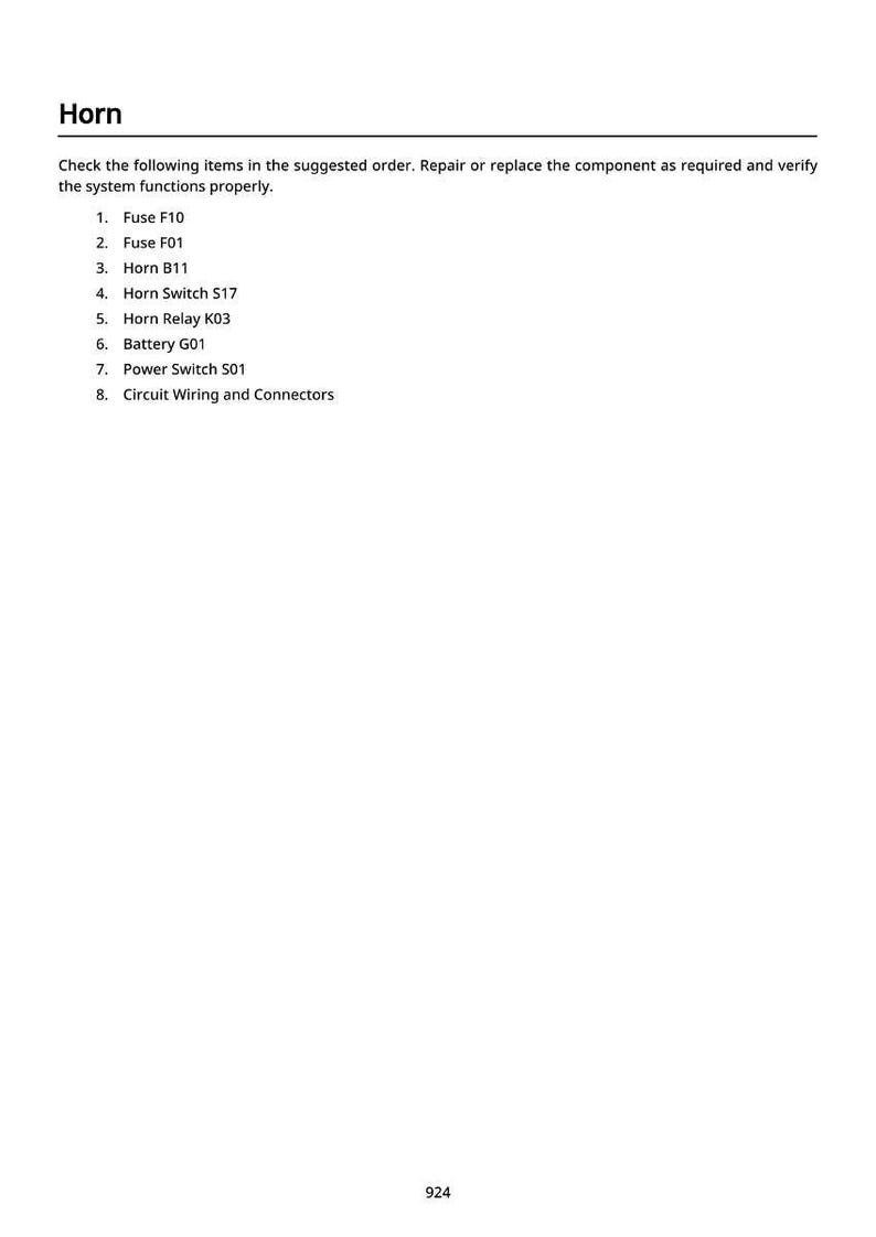 May include: A white page with the word "Horn" at the top, followed by a list of items to check for proper system function. The list includes fuses, a horn, switches, a relay, a battery, a power switch, and circuit wiring.