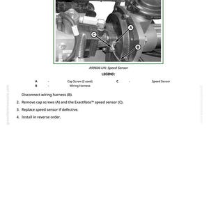 Puede incluir: Diagrama que ilustra la extracci&oacute;n e instalaci&oacute;n de un sensor de velocidad de bomba ExactRate. La imagen muestra los componentes del sensor, incluyendo tornillos de tapa, arn&eacute;s de cableado y el propio sensor de velocidad. Etiquetas de texto identifican cada pieza.