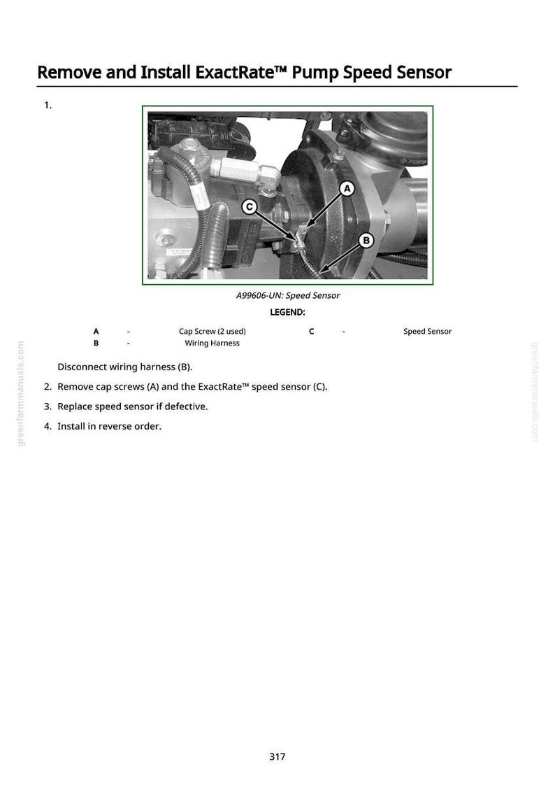 Puede incluir: Diagrama que ilustra la extracci&oacute;n e instalaci&oacute;n de un sensor de velocidad de bomba ExactRate. La imagen muestra los componentes del sensor, incluyendo tornillos de tapa, arn&eacute;s de cableado y el propio sensor de velocidad. Etiquetas de texto identifican cada pieza.