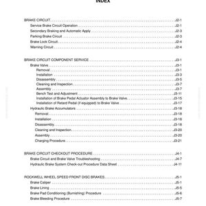 May include: A white page with the title "SECTION J BRAKE CIRCUIT INDEX" at the top. The page contains a list of brake circuit components and procedures, including service, component service, checkout, and Rockwell wheel speed front disc brakes.