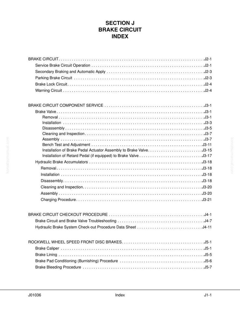 May include: A white page with the title "SECTION J BRAKE CIRCUIT INDEX" at the top. The page contains a list of brake circuit components and procedures, including service, component service, checkout, and Rockwell wheel speed front disc brakes.