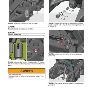 May include: Diagram of axle components with labels and instructions for disassembly. Includes figures for removing the oil filter cartridge, pressure control valve plug, safety valve, and oil suction pipe. Text includes warnings about axle damage and the need to check safety valve function.