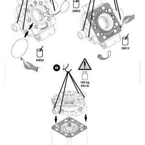 May include: Diagram of a Komatsu machine component assembly. The image shows various parts, including a circular component, a gasket, and a square base. The diagram includes arrows, labels, and a weight indicator of 353 lb. The Komatsu logo is at the top.