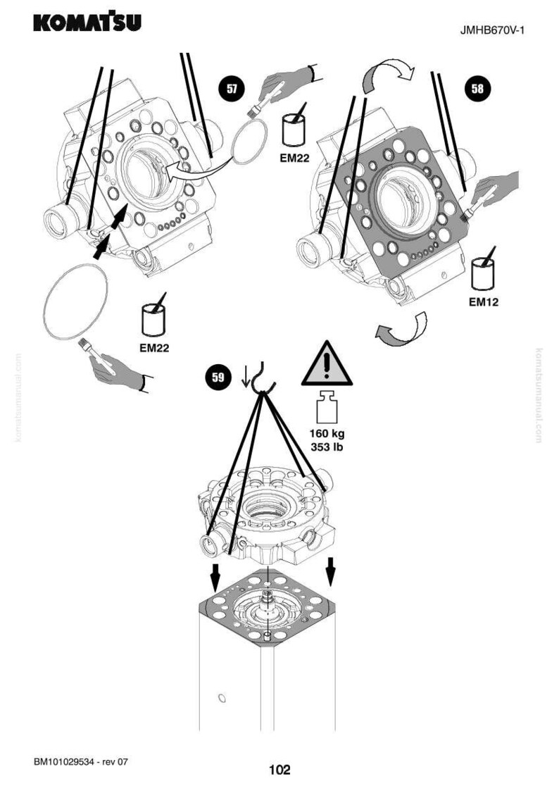May include: Diagram of a Komatsu machine component assembly. The image shows various parts, including a circular component, a gasket, and a square base. The diagram includes arrows, labels, and a weight indicator of 353 lb. The Komatsu logo is at the top.