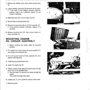 May include: A page from a manual detailing the disassembly and assembly of an engine oil cooler. The text includes numbered steps and diagrams with labels like "radiator drain valve" and "oil filter assembly."