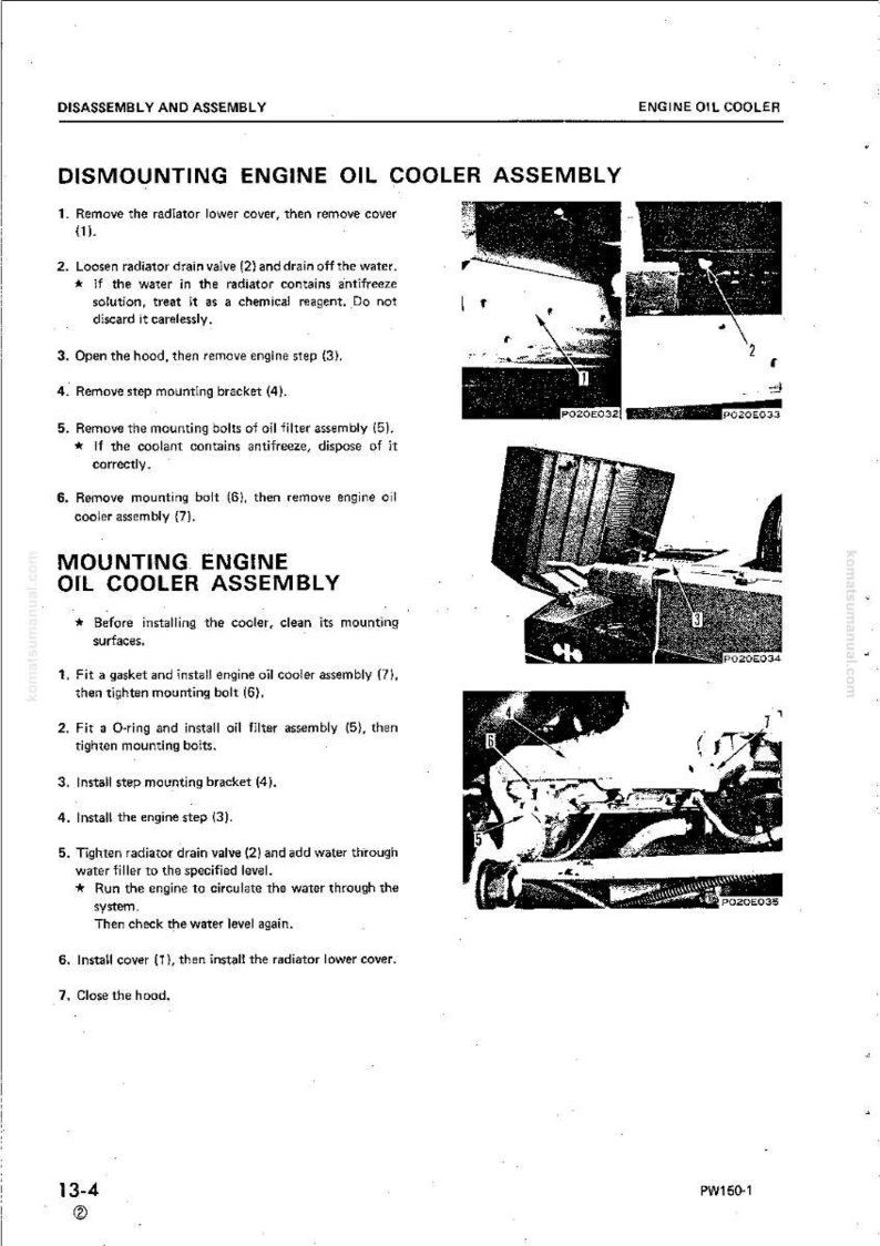 May include: A page from a manual detailing the disassembly and assembly of an engine oil cooler. The text includes numbered steps and diagrams with labels like "radiator drain valve" and "oil filter assembly."