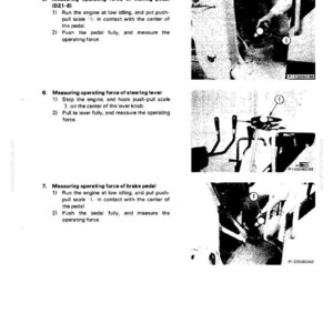 May include: A page from a manual detailing the measurement of operating forces for a vehicle's inching pedal, steering lever, and brake pedal. The manual includes diagrams and instructions for each component, with close-up views of the measurement points.