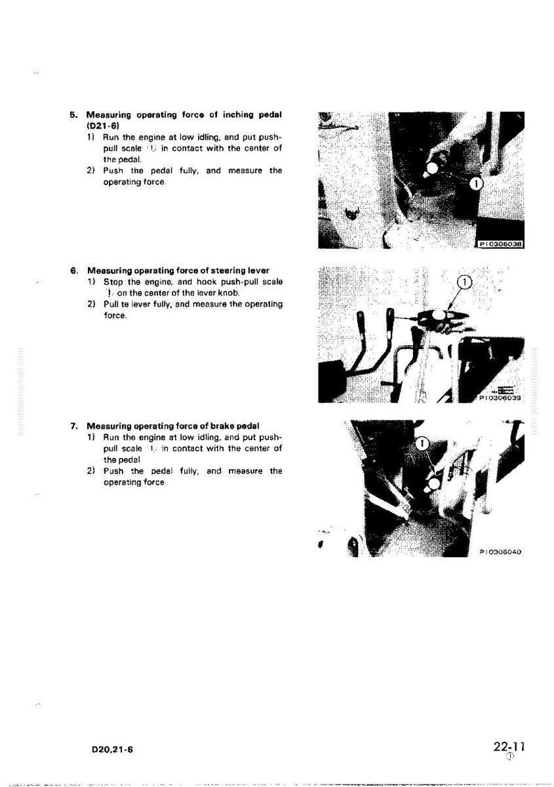 May include: A page from a manual detailing the measurement of operating forces for a vehicle's inching pedal, steering lever, and brake pedal. The manual includes diagrams and instructions for each component, with close-up views of the measurement points.