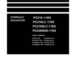 Może przedstawiać: Czarno-biała okładka instrukcji warsztatowej z napisem "Shop Manual" u g&oacute;ry. Instrukcja wymienia modele koparek hydraulicznych PC210-11E0, PC210LC-11E0, PC210NLC-11E0 i PC230NHD-11E0. Logo Komatsu znajduje się na dole.