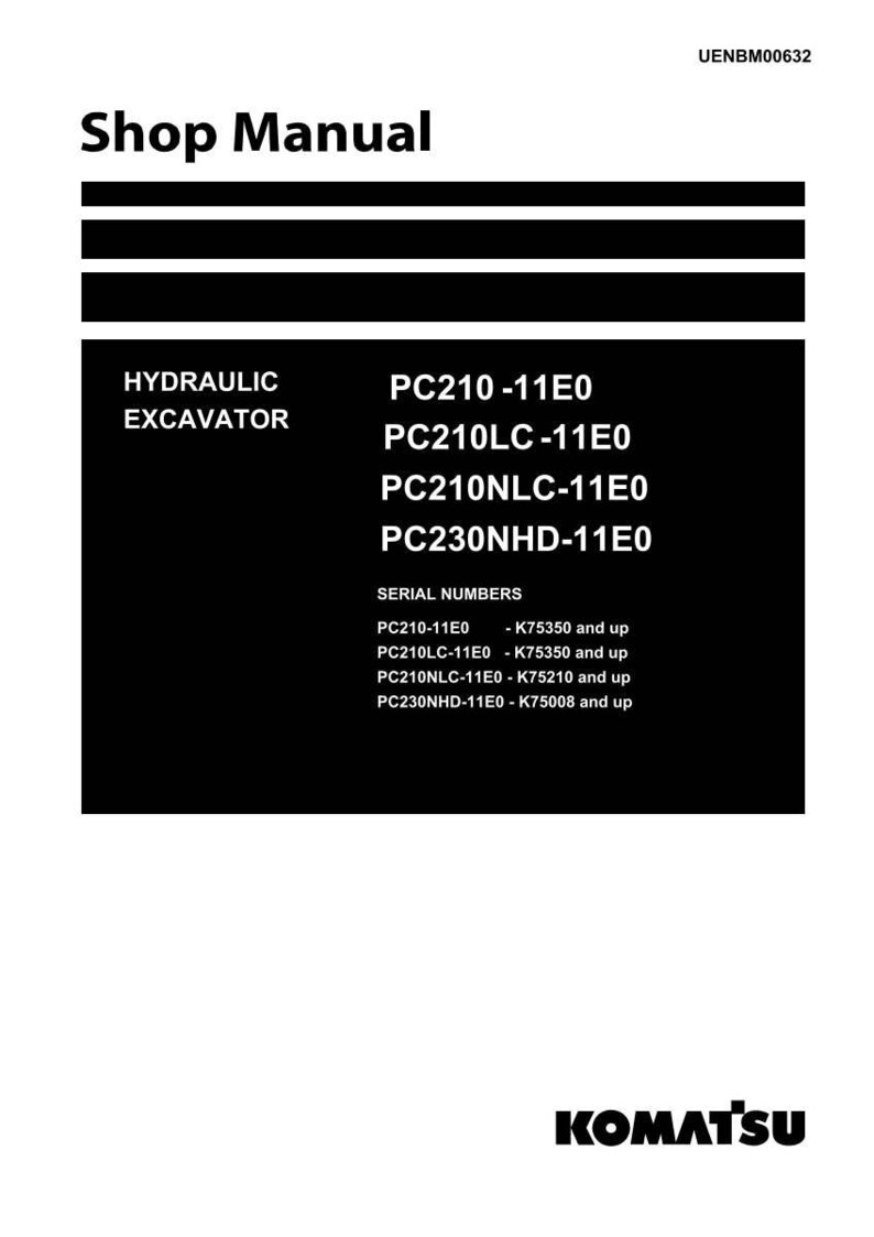 Może przedstawiać: Czarno-biała okładka instrukcji warsztatowej z napisem "Shop Manual" u g&oacute;ry. Instrukcja wymienia modele koparek hydraulicznych PC210-11E0, PC210LC-11E0, PC210NLC-11E0 i PC230NHD-11E0. Logo Komatsu znajduje się na dole.