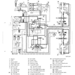 Pode incluir: Diagrama esquem&aacute;tico detalhado do sistema hidr&aacute;ulico de uma m&aacute;quina, com v&aacute;rios componentes como v&aacute;lvulas, bombas e filtros. O diagrama inclui r&oacute;tulos e uma legenda.
