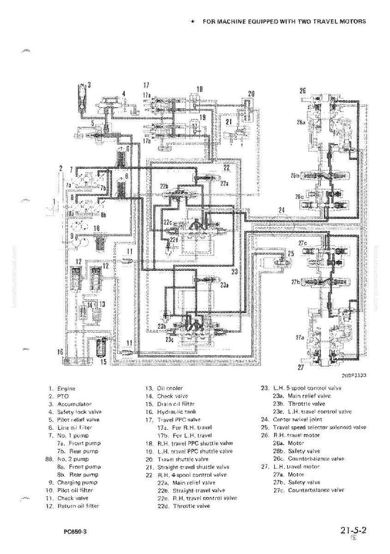 Pode incluir: Diagrama esquem&aacute;tico detalhado do sistema hidr&aacute;ulico de uma m&aacute;quina, com v&aacute;rios componentes como v&aacute;lvulas, bombas e filtros. O diagrama inclui r&oacute;tulos e uma legenda.