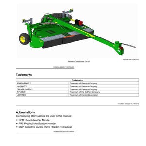 May include: A detailed diagram of a green and black mower conditioner, model C450, with a long arm extending to the right. The image includes a yellow wheel and text indicating trademarks and abbreviations used in the manual.