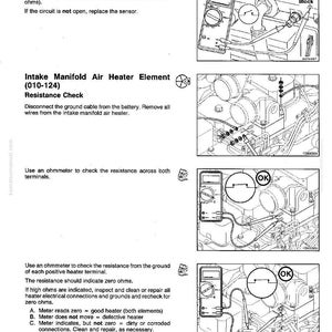 May include: Technical diagram illustrating the Intake Manifold Air Heater Element, with instructions and diagrams for resistance checks. Includes images of an ohmmeter connected to engine components, with text indicating "More Than 100 K Ohms" and "OK".
