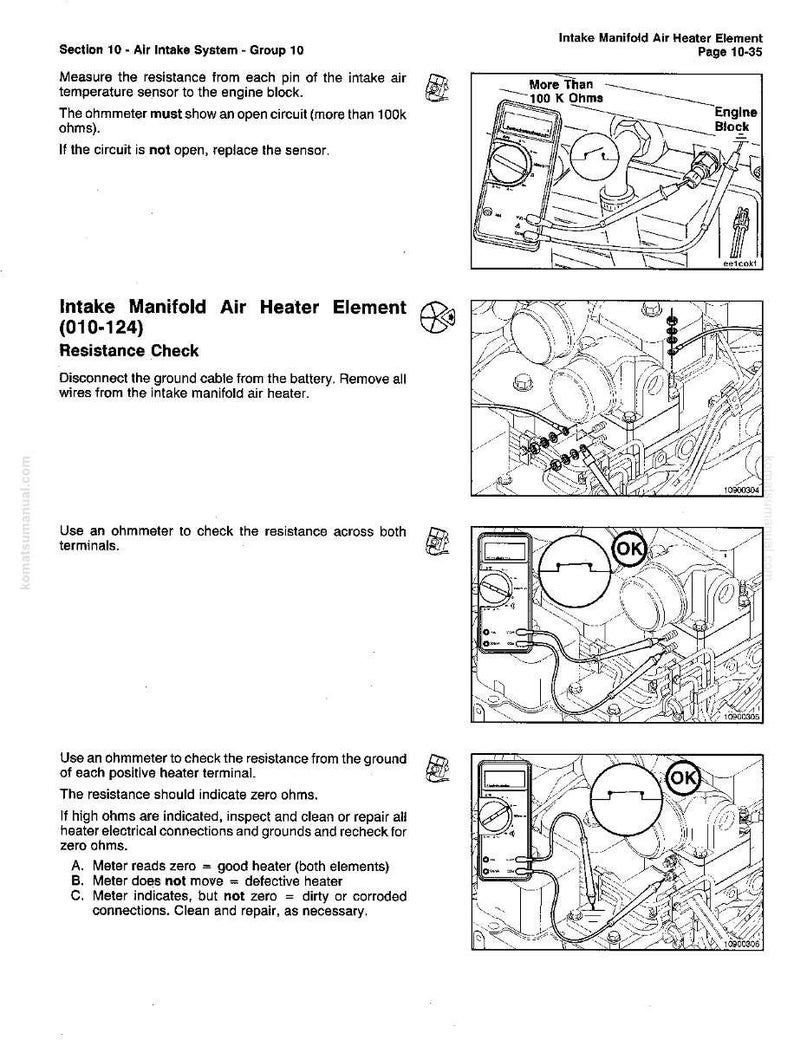 May include: Technical diagram illustrating the Intake Manifold Air Heater Element, with instructions and diagrams for resistance checks. Includes images of an ohmmeter connected to engine components, with text indicating "More Than 100 K Ohms" and "OK".