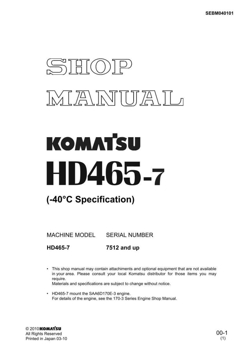 May include: A white shop manual with the text "SHOP MANUAL" in large, outlined letters. Below, the Komatsu logo and "HD465-7" are displayed in bold black font. The manual includes specifications and model information.
