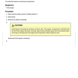 May include: A page from a manual titled "Fuel Injector Test - X730, X734, X738, X739." The text details the reason, equipment, and procedure for testing fuel injectors, including a caution about hot surfaces. The page includes the website greenfarmmanuals.com.
