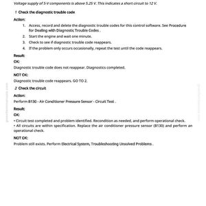 May include: Documented troubleshooting steps for a refrigerant pressure sensor, voltage too high. Includes instructions for checking diagnostic trouble codes and the circuit, with OK and NOT OK results. Text includes voltage specifications and component details.