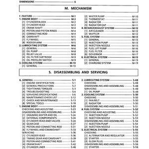 May include: A detailed table of contents from a manual, listing specifications, performance curves, dimensions, and various mechanical systems. The document includes sections on engine body, lubricating systems, and electrical systems.