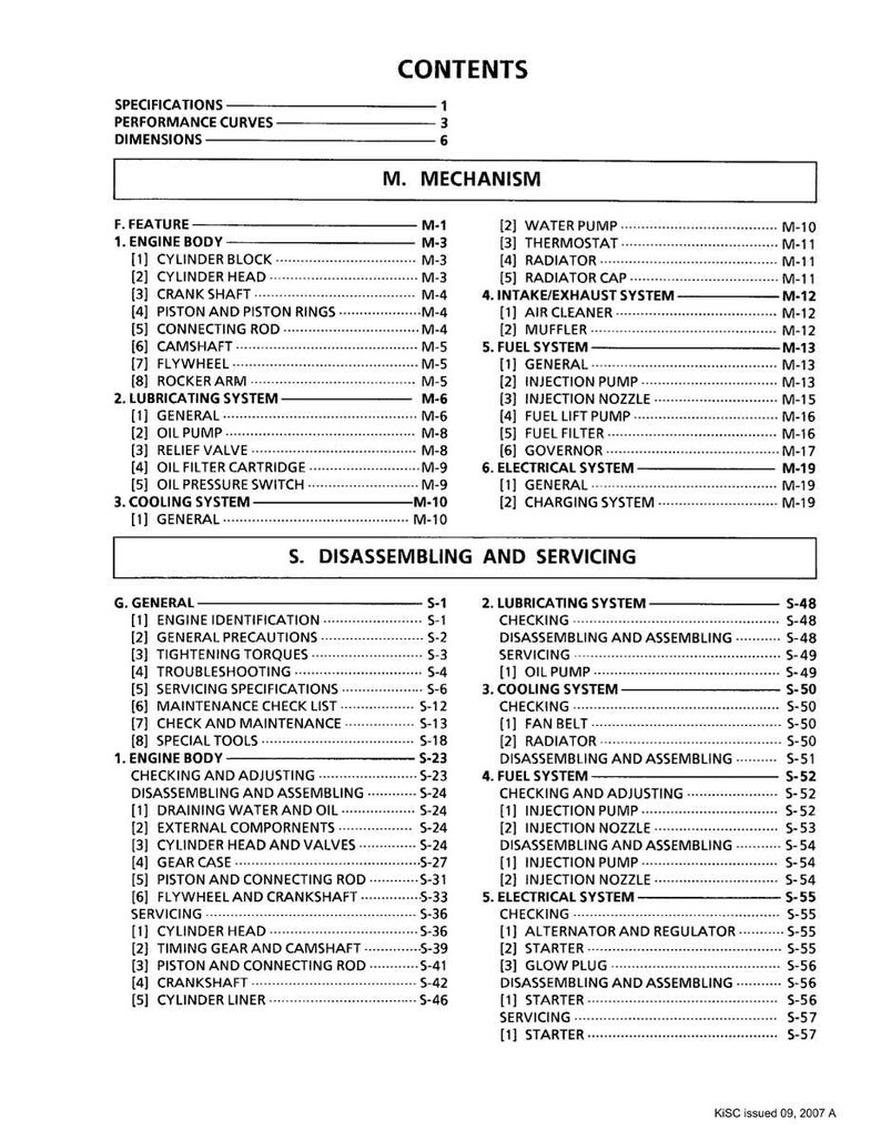 May include: A detailed table of contents from a manual, listing specifications, performance curves, dimensions, and various mechanical systems. The document includes sections on engine body, lubricating systems, and electrical systems.