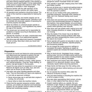 May include: A page from a safety manual with headings like "Operator Training Required" and "Operating Safely." The text provides instructions and warnings for equipment operation, including safety precautions and maintenance tips.