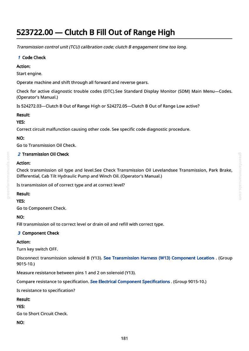 May include: A white page with black text detailing diagnostic procedures for a vehicle's clutch system. The text includes instructions for code checks, transmission oil checks, and component checks, with specific steps and results.