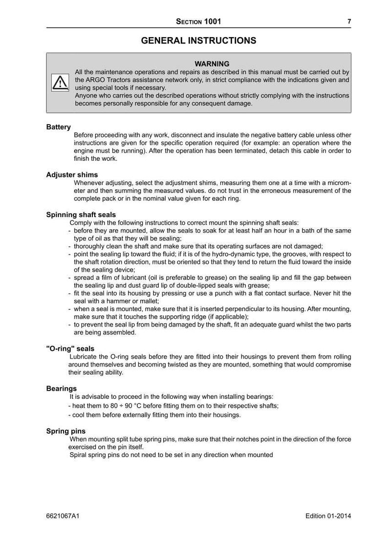 May include: A page from a manual with the title "GENERAL INSTRUCTIONS" and section number 1001. The text includes warnings, instructions for battery, adjuster shims, spinning shaft seals, O-ring seals, bearings, and spring pins. Edition 01-2014.