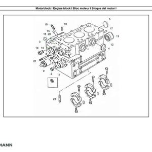 May include: An exploded diagram of an engine block, with various components labeled. The diagram is in black and white, showing the internal parts of the engine. The text "Motorblock | Engine block | Bloc moteur | Bloque del motor" is at the top.