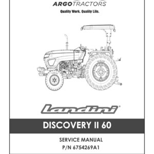 Op de afbeelding: Een servicehandleiding voor de Landini Discovery II 60 tractor, met een gedetailleerde lijntekening van de tractor. De handleiding bevat het Argo Tractors logo en de tekst "Quality Work. Quality Life."